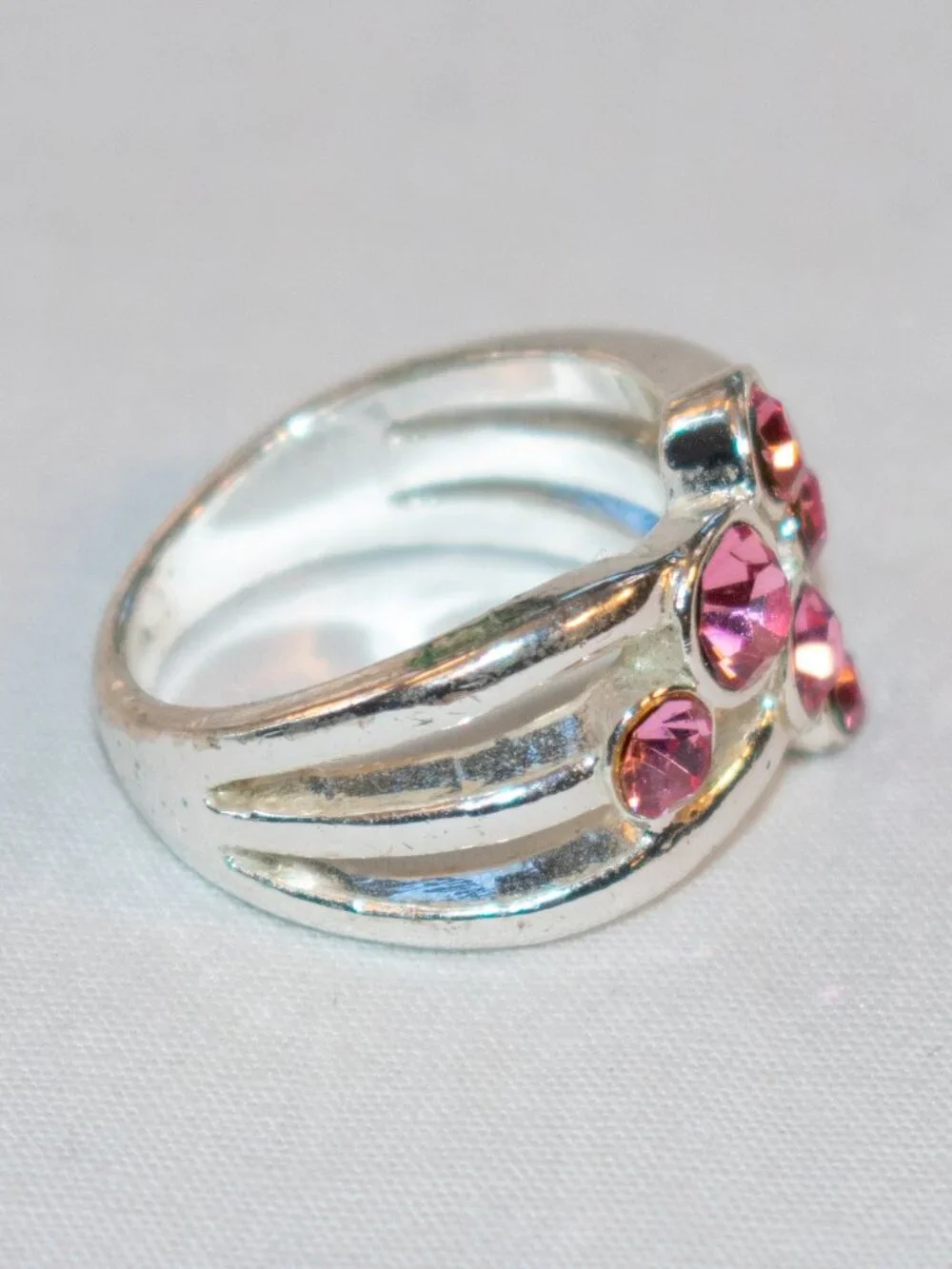 Silver Tone Cluster Ring with Pink Stones US 7